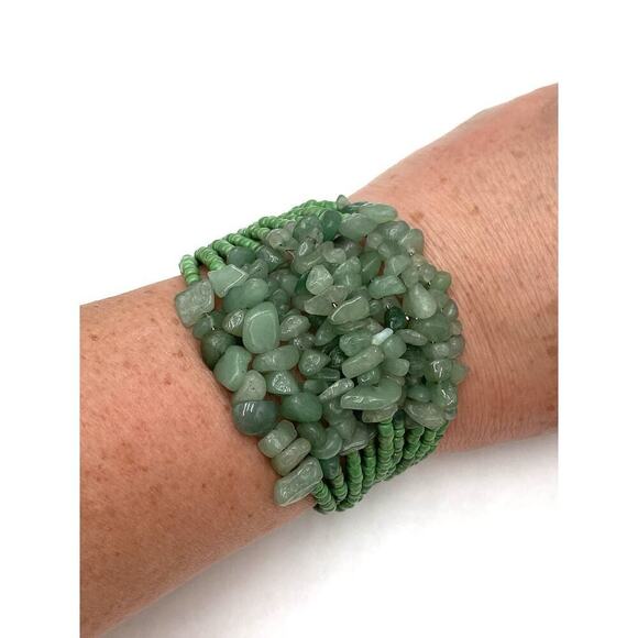 Green Aventurine Chipstone Bracelet Cuff Seed Beads Artisan - Picture 3 of 6